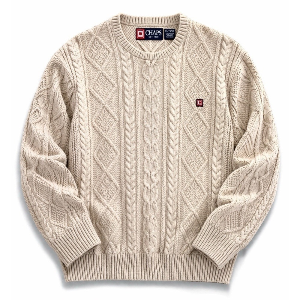 Chaps Cable‎ Knit Sweater XL Beige Cotton Crewneck Classic Casual